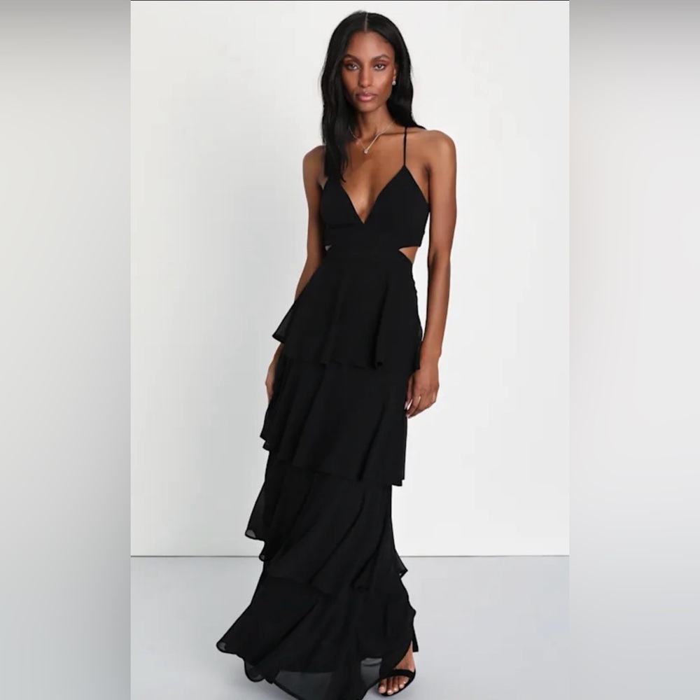 Lulus Tier And Now Black Tie-back Tiered Maxi Dress - Size S New with tags